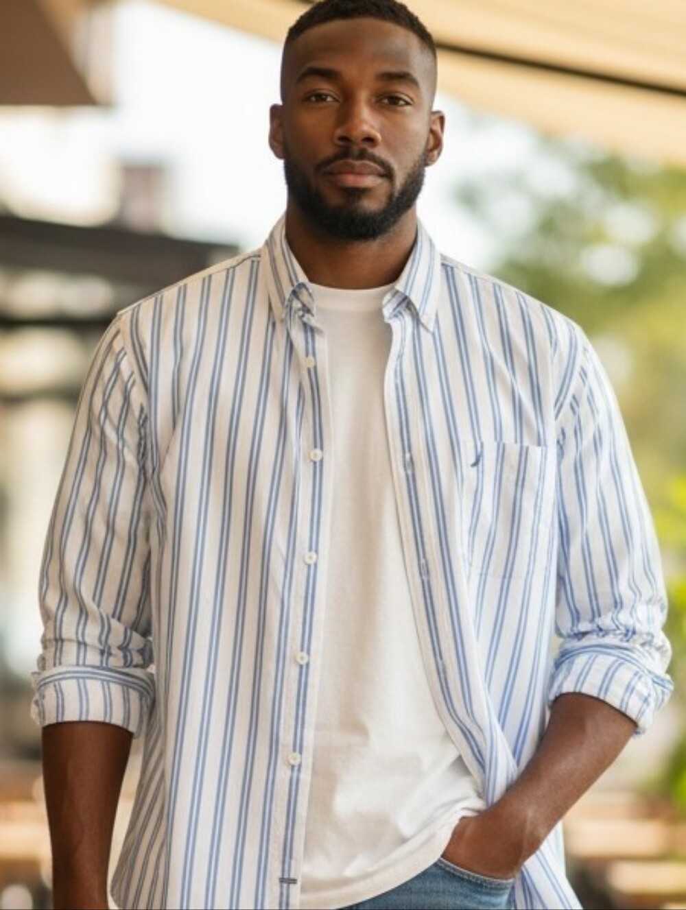 Nautica Blue and White Vertical Stripe Casual Button-Down Shirt
